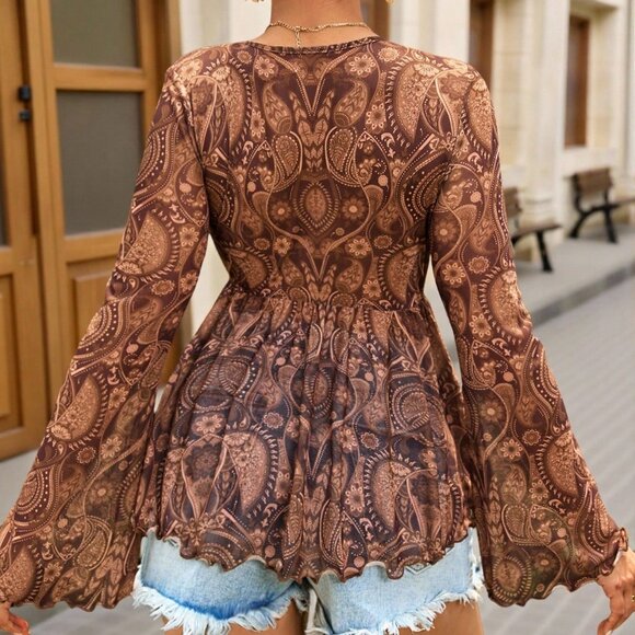 Coffee Brown Boho Women's Vacation Paisley Print Tie Front Ruffle Hem Shirt top - Picture 2 of 9